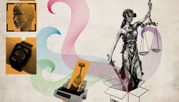 Collage graphic with head scan, smart watch, printer with gavel, scales of justice