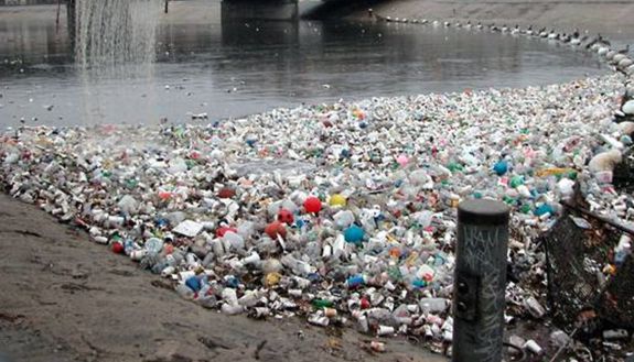 plastic litter in a river