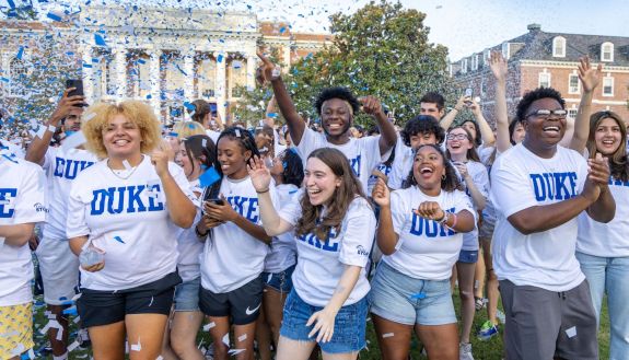 students celebrate during the class photo