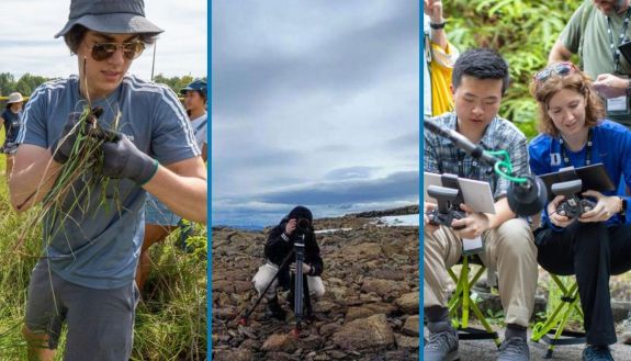 Working at the campus farm during experiential orientation; students filming the death of a glacier in Iceland; and students in the Xprize competition