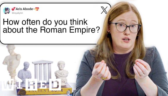 Lauren Ginsberg with "How often do you think about the Roman Empire?" tweet in the background