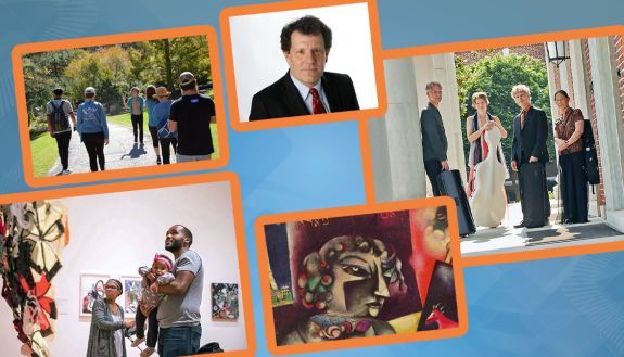 A collage of images including a garden tour, Nicholas Kristof, musicians, a painting and people in a museum.