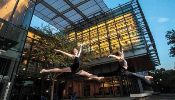 Duke student dancers in front of the Ruby Arts Center