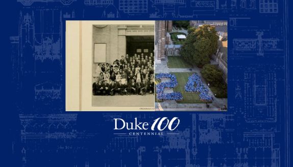Side by side images of the class photo from 1924 and 2024 in Duke Centennial branding