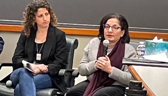 Yaara Shvadron and Sawsan Abdulrahim at the panel discussion Monday. Photo by Susan Miller.