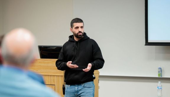 Noor A’wad speak about the Middle East conflict at Duke Tuesday. Photo by Nathan Dove.