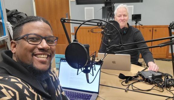 Michael Betts II, left, and John Biewen in the Scene on Radio studio.