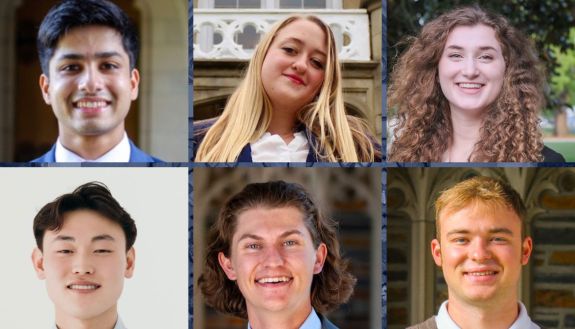 2024 Nakayama Scholars, clockwise from top left: Juniors Vineet Chovatia, Amy Fulton, Sarah Konrad, Will Lieber, Thomas Newberry and Elliot Yoon 