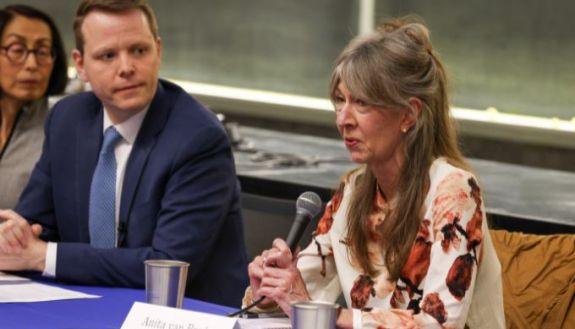 The March 21 panel discussion featured representatives from the private sector, nongovernmental organizations, multilateral organizations and academia. From left: Motoko Aizawa, Jerome Lynch, and Anita van Breda.