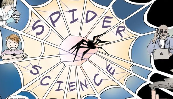 Graphic drawing of "spider science" with a spider in a web surrounded by a person on a laptop, a factory, and a person looking into a microscope