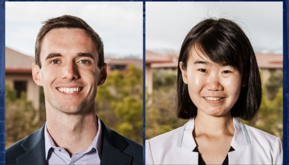 Knight-Hennessy Scholars Danny Collins and Linda Zhang.