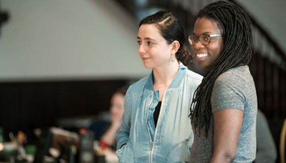 Danya Taymor ‘10 and Antoinette Chinonye Nwandu during a 2017 rehearsal of “Pass Over.”