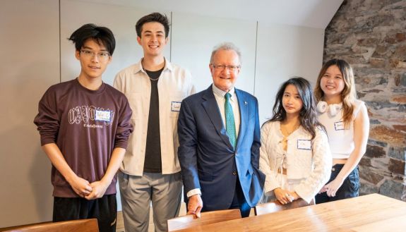 John Quelch makes his first visit to Duke since becoming executive vice chancellor of DKU in January, 2024. He meets for lunch with some DKU students the Commons meeting room, Brodhead Center