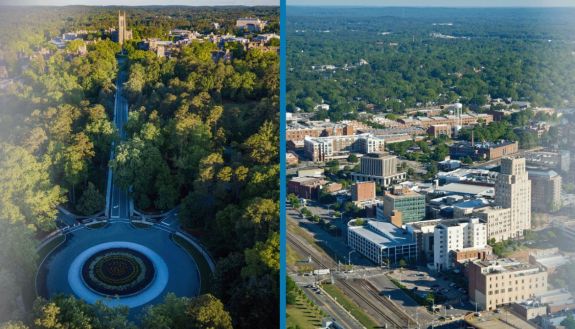 montage of aerials images of Duke and Durham