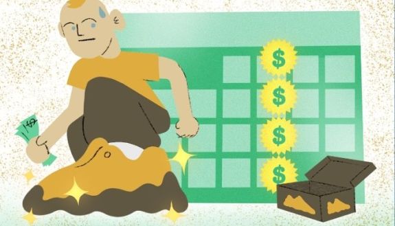 Graphic of person holding cash with money signs in the background