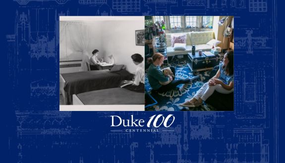 Dorm room from the 1950s on the left and current day on the right