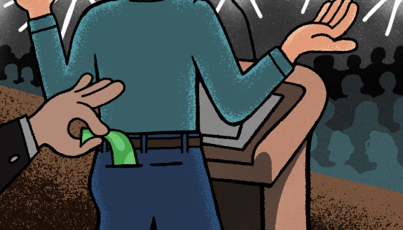 graphic of person at podium with person putting money in pocket