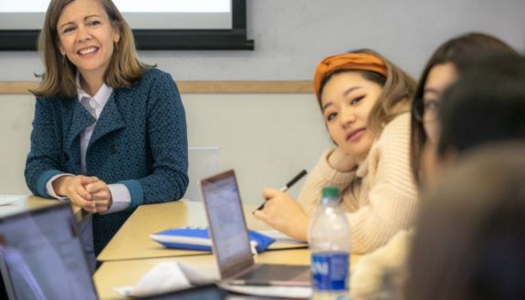 Dean of Undergraduate Education for Trinity College Deborah Reisinger with students