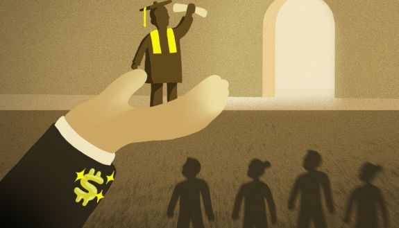 Graphic of a hand holding a person with a diploma