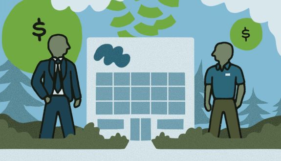 A graphic of a person with a big dollar sign over his head and a smaller person with a smaller dollar sign over his head