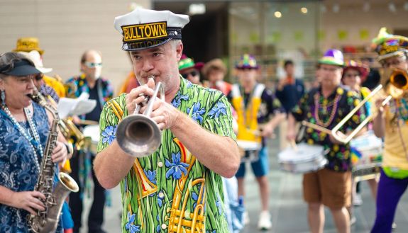 The Bulltown Band starts the Duke Arts Block Party with a performance in the Nasher Museum of Art, marching outside to Campus Drive.