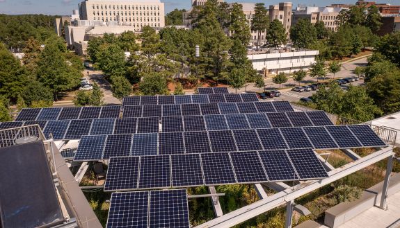 Solar panels outside of the Nicholas School of the Environment.