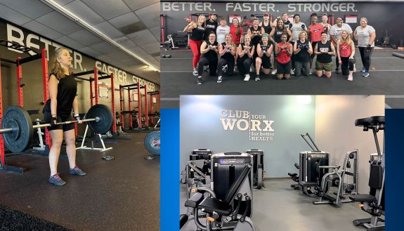 A collage of scenes from workout gyms includes a woman lifting a barbell, a crowd of people standing in a gym and an empty room of gym equipment.