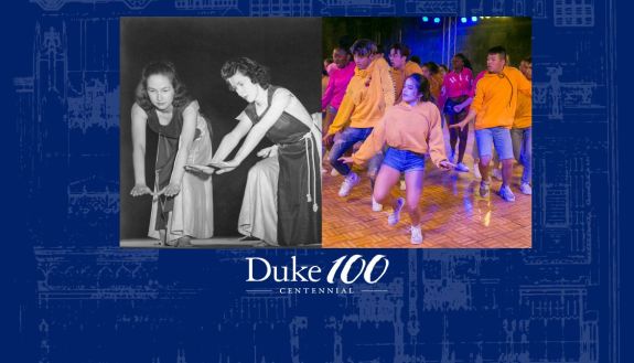 Archival image of Duke student dancers on the left and current day on the right
