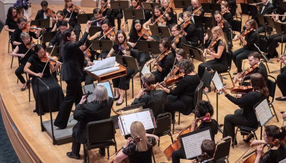 A portion of an orchestra is shown performing on a stage