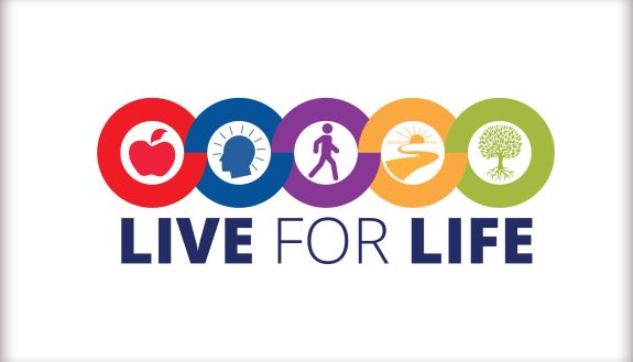 The Live for Life logo features five interconnected circles featuring symbols for nutrition, mental well-being, physical activity, fulfillment and purpose, and environment and culture