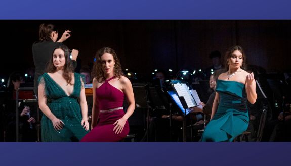 Junior Sarah Gorbatov, graduate student Julia Leeman and senior Faye Hardek rehearse their performance of “The Gypsy Song” from George Bizet’s “Carmen.”
