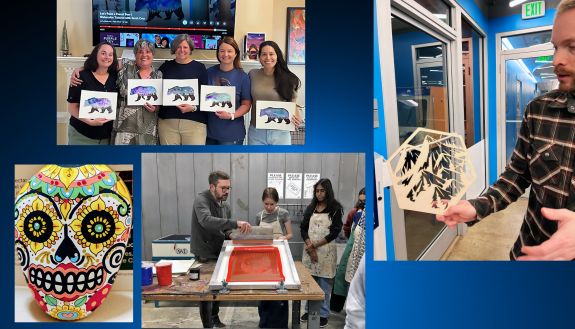 A collage of various art examples -- a painting of a skull, five women holding watercolors, a man holding a wood cutout and a man demonstrating screen printing to two onlookers.