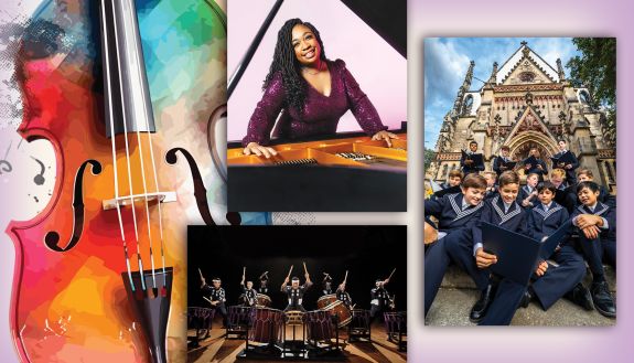 A collage shows photos of pianist Michelle Cann, Kodo One Earth and Thomanerchor Leipzig