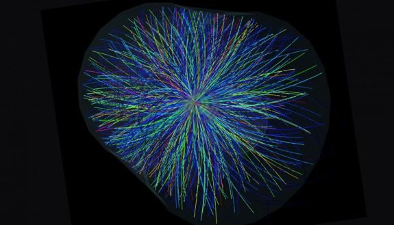 An AI depiction of a nuclear collision, colorful