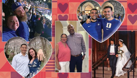 A collage of five couples who work at Duke