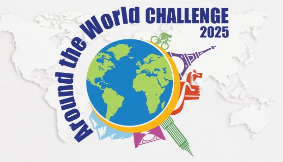 A graphic displays an image of Earth with global landmarks sticking out from the edges and the words "Around the World Challenge 2025"