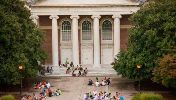 students in front of baldwin auditorium