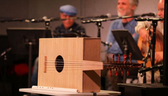 Replica of makeshift oud instrument created by the Syrian musicians in Sednaya prison.