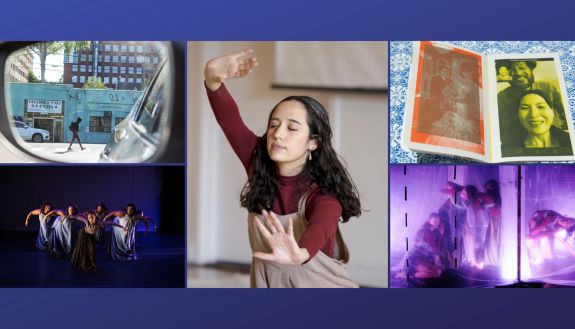 montage of student artwork, documentary photos and dancers