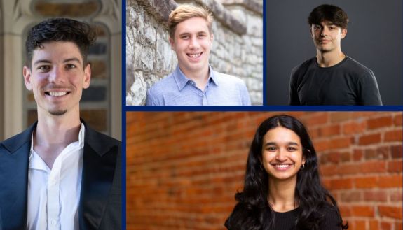 2025 Faculty Scholars, clockwise from left: Jorge Mato Frontela, Fletch Rydell, Miguel Cohen Suarez and Trisha Santanam