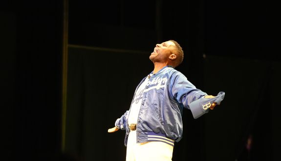 Duke professor Mike Wiley as Jackie Robinson in Clayton.