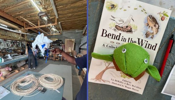puppet workshop on the left and the book Bend in the Wind on the right