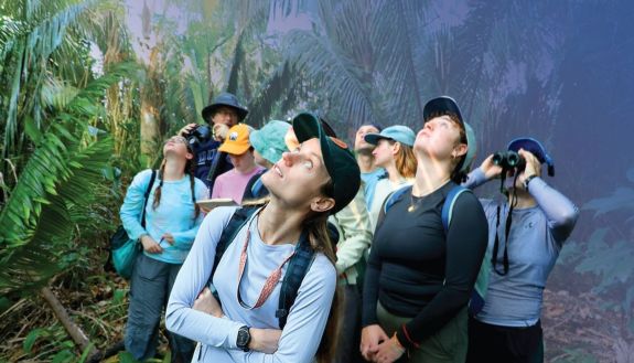 Students surrounded by tropical plants, looking up