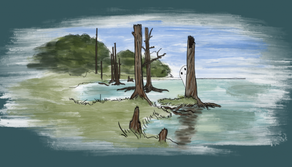 Drawing of ghosts coming out of the sea