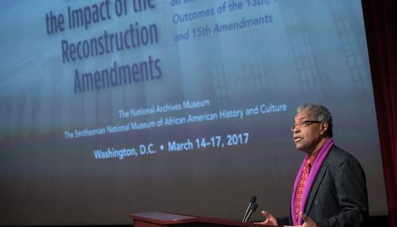William Darity discusses the lasting legacy of the Reconstruction Amendments during a Cook Center conference last week. Photo by Chris Hildreth/Duke Photography