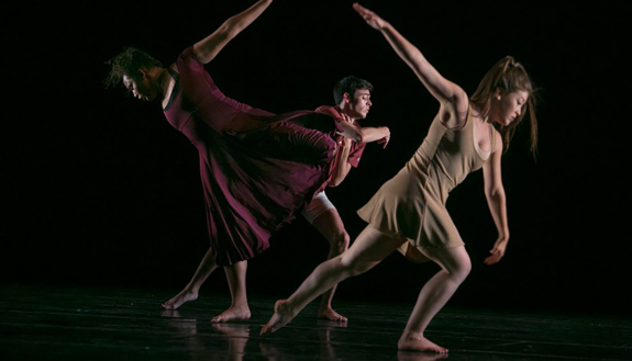 Students rehearse their modern dance performance, "Arc of Time," for ChoreoLab 2017 in the Reynolds Industries Theater. "Arc of Time" was choreographed by Barbara Dickinson and student dancers.