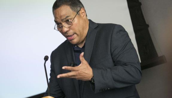 Eduardo Bonilla-Silva delivering the Trinity Distinguished Lecture. Photo by Chris Hildreth