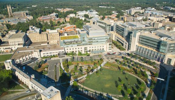 aerial photo of Duke Health complex on campus