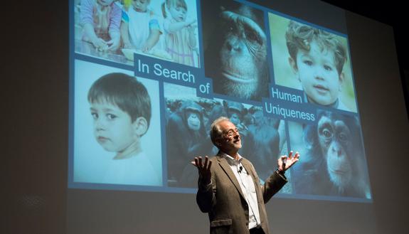 Mike Tomasello discusses cooperation in humans and other primates during a talk last week. Photo by Les Todd/Duke Photography