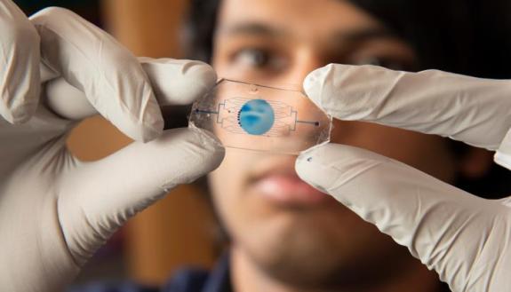 Vardhman Kumar examines a microfluidic chip.